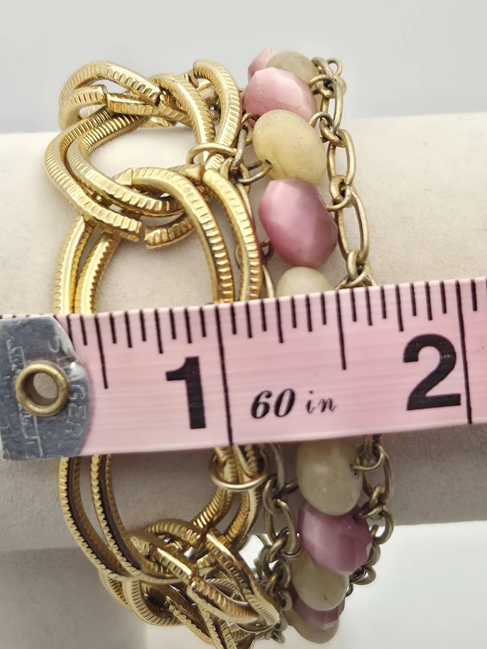 Vintage Multi-Strand Statement Bracelet Gold Tone Chunky Link Pink Cream Glass